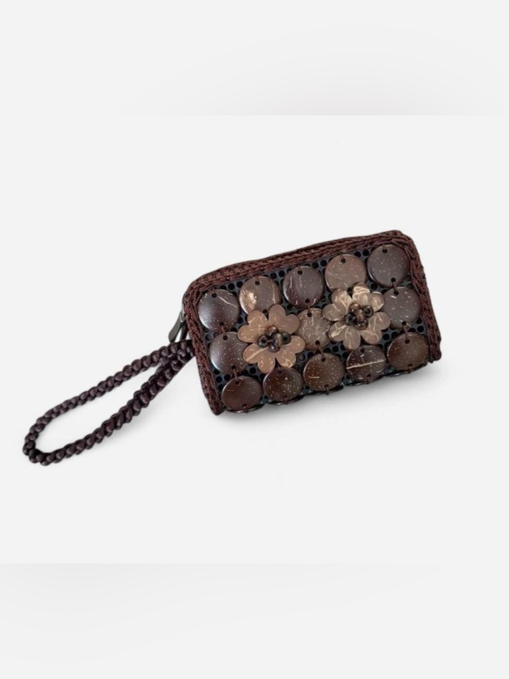 Handcrafted Brown Crochet Wristlet with Coconut Shell Flower Design